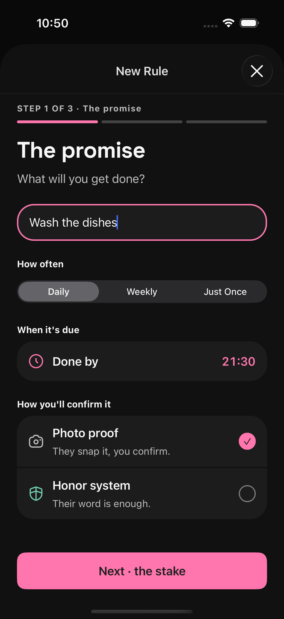 HerWay app - The Promise chore definition screen
