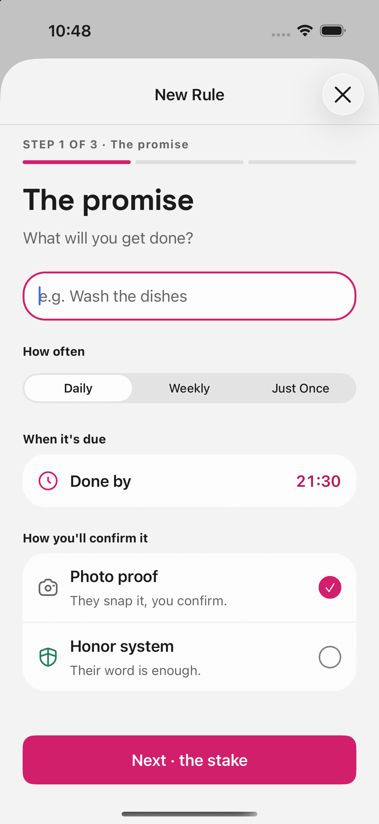 HerWay app - The Promise chore definition screen