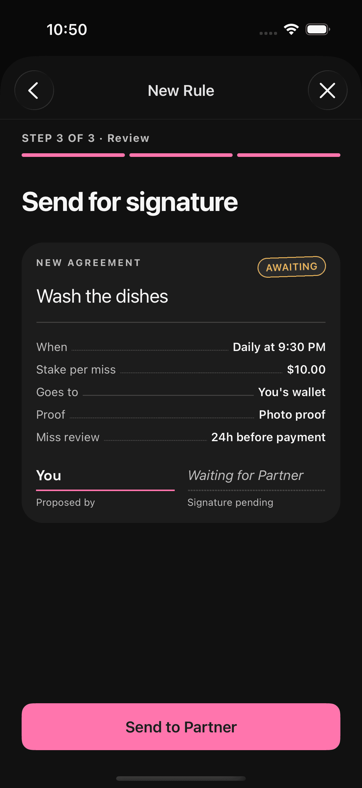 HerWay app - Co-signed mutual agreement screen