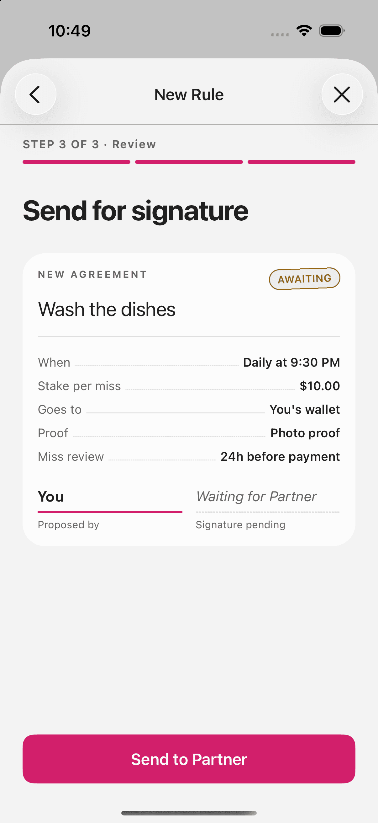 HerWay app - Co-signed mutual agreement screen