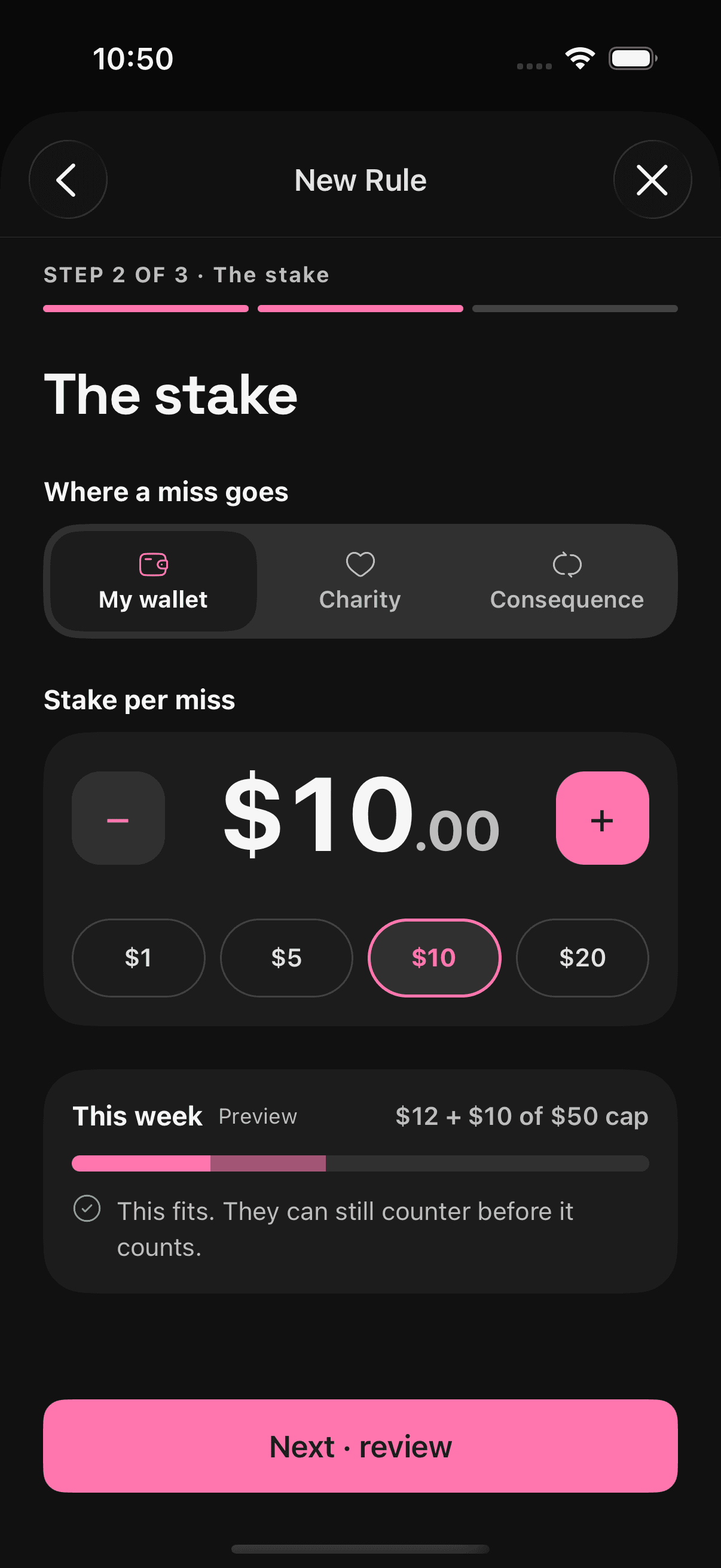 HerWay app - The Stake screen showing agreed amount and destination