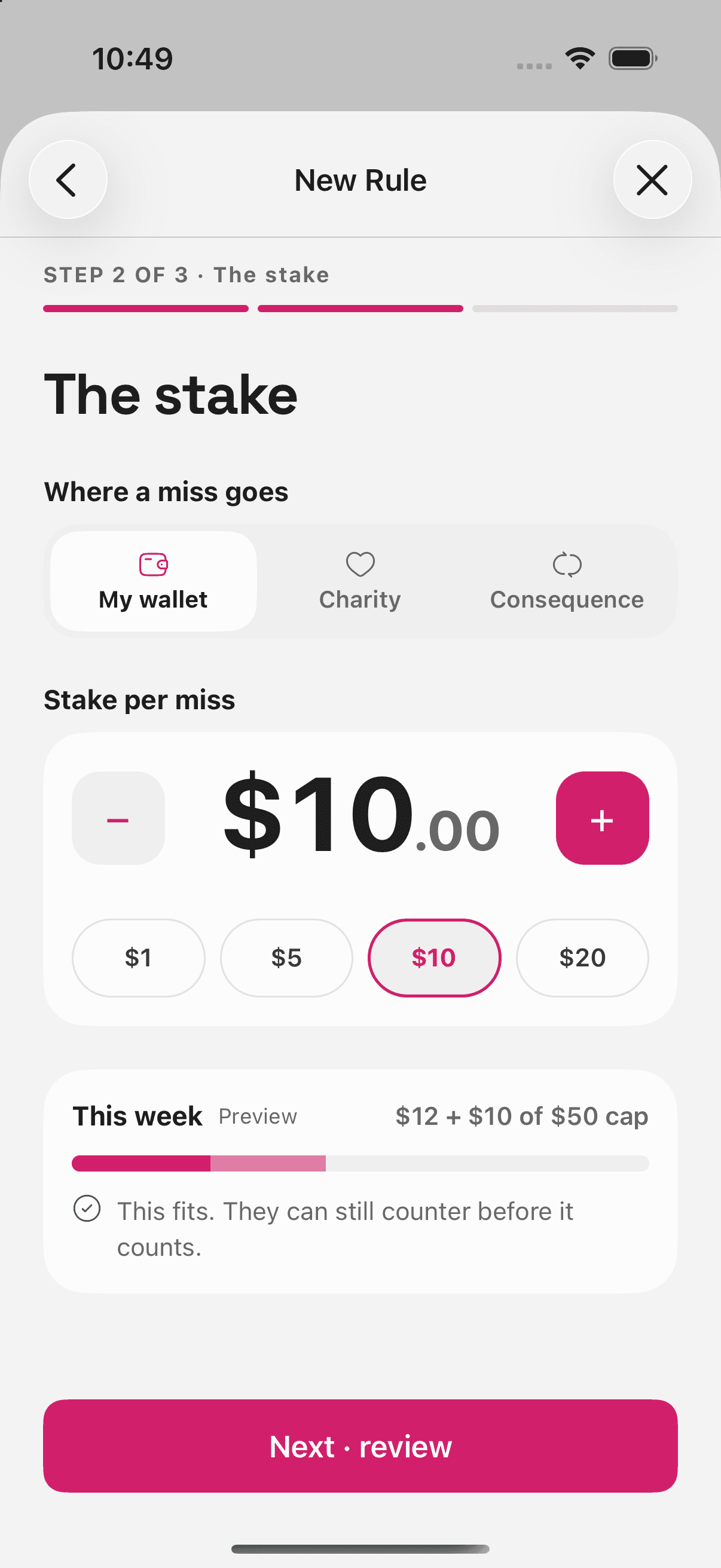 HerWay app - The Stake screen showing agreed amount and destination